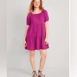 Puff-Sleeve Tiered Mini Swing Dress- Berry Pink, M